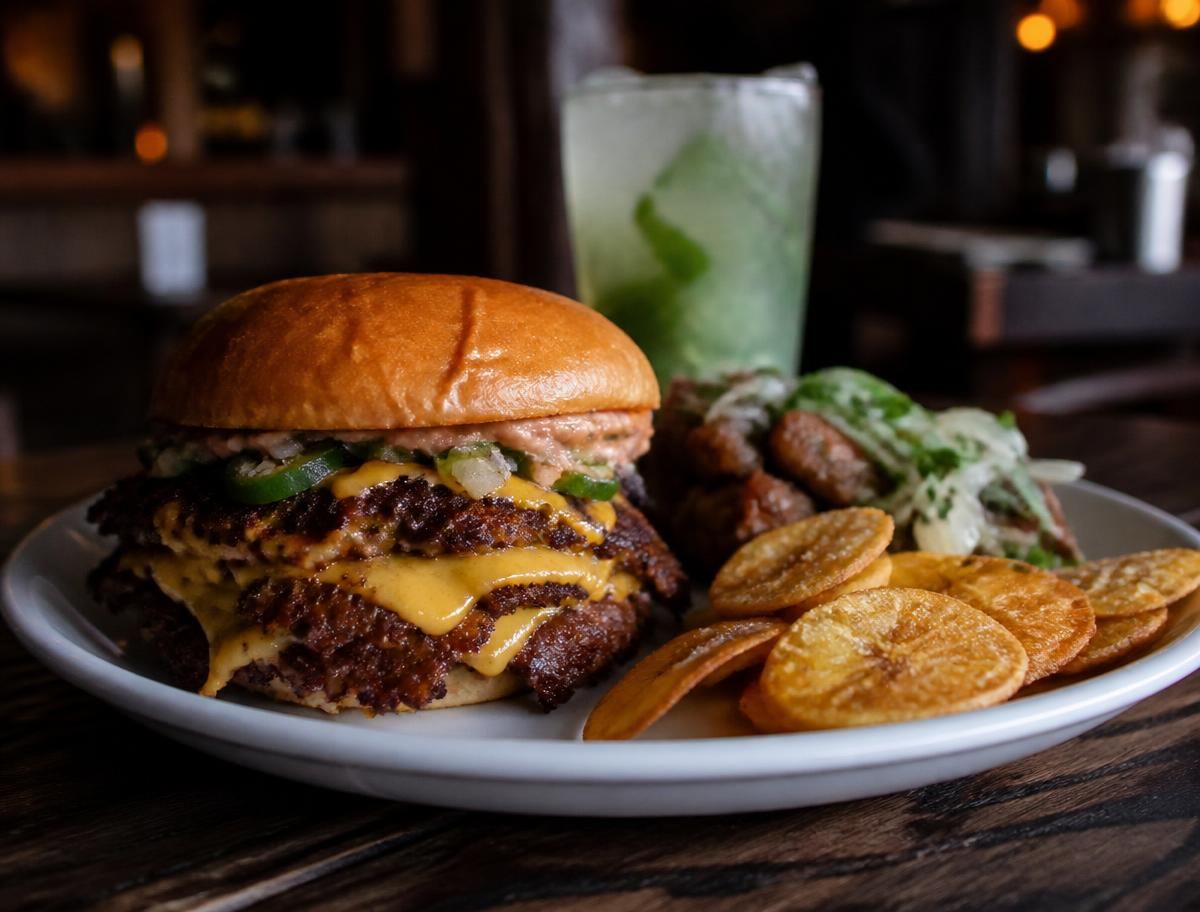 Corunna Street Burger with two smashed patties, melted American cheese, crispy plantain chips and mojo mayo on a potato bun