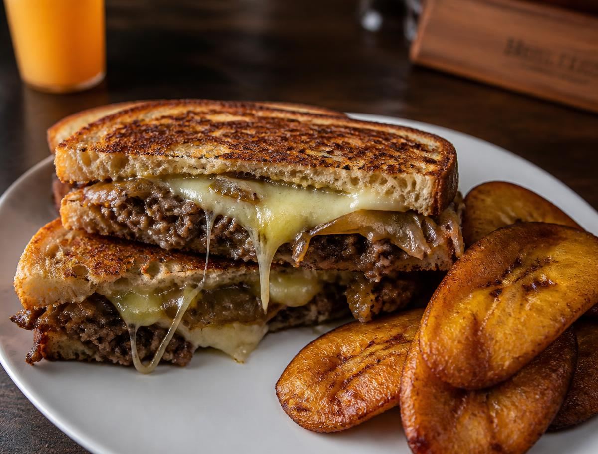 Plantain patty melt on griddled sourdough with swiss cheese, caramelized onions and sweet maduros