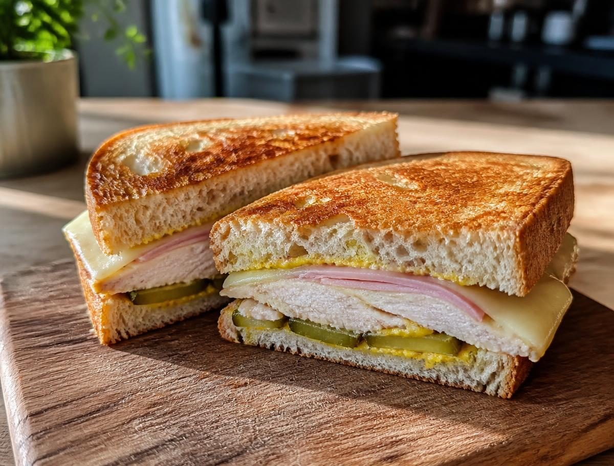 Pressed citrus chicken sandwich on crusty bread with ham, swiss, mustard and dill pickles, cut on the diagonal